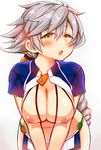  areolae asymmetrical_hair bra braid breasts crop_top cupless_bra hair_ornament hanging_breasts highres hip_vent jitome kantai_collection large_breasts leaning_forward long_hair looking_at_viewer nipples open_clothes open_mouth revealing_clothes richou_(zerozero1101) short_sleeves silver_hair simple_background single_braid solo stomach underwear unryuu_(kantai_collection) v_arms very_long_hair yellow_eyes 