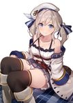  bag bare_shoulders beret black_legwear blonde_hair blue_eyes blush boots breasts cleavage closed_mouth coat collarbone cucouroux_(granblue_fantasy) eyebrows eyebrows_visible_through_hair granblue_fantasy hair_between_eyes hair_ribbon hat knee_boots long_hair long_sleeves looking_at_viewer medium_breasts off_shoulder ribbon shoulder_bag sidelocks sitting skirt smile solo thighhighs twintails white_footwear yaman 