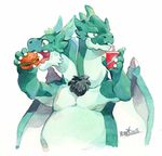  armpits beverage bristles burger chest_tuft dragon drinking eating food horn male multi_head simple_background straw traditional_media_(artwork) tuft watercolor_(artwork) wings 