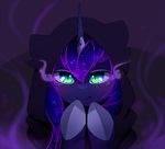  2016 abstract_background anthro blue_fur blue_hair clothed clothing equine female friendship_is_magic fur glowing glowing_eyes green_eyes hair hood horn looking_at_viewer lyra-senpai magnaluna mammal my_little_pony portrait princess_luna_(mlp) slit_pupils solo unicorn 