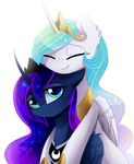  2016 blue_eyes blue_feathers blue_fur blue_hair crown duo equine eyes_closed feathered_wings feathers female feral friendship_is_magic fur hair horn hug jewelry lyra-senpai magnaluna mammal multicolored_hair my_little_pony necklace princess_celestia_(mlp) princess_luna_(mlp) simple_background white_background white_feathers white_fur winged_unicorn wings 