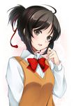  ahoge bangs black_hair bow bowtie braid brown_eyes eyebrows_visible_through_hair hair_ribbon kimi_no_na_wa looking_at_viewer miyamizu_mitsuha red_bow red_neckwear red_ribbon ribbon school_uniform solo upper_body utakata_(kochou_no_yume) 