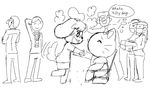  animal_crossing anthro black_and_white blush bow canine cat chair crossover dog english_text eyes_clsoed eyewear feline female glasses hello_kitty hello_kitty_(character) human isabelle_(animal_crossing) male mammal minus8 monochrome nintendo sanrio sunglasses text thought_bubble video_games 