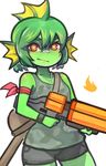  blush character_request closed_mouth collarbone dog_tags eyebrows fish green_hair green_skin gun holding holding_gun holding_weapon looking_at_viewer nuclear_throne red_eyes short_hair smile solo wahae weapon 