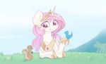  2016 avian bird chromatic_aberration crown equine feathered_wings feathers female feral friendship_is_magic fur grass hair horn jewelry lying lyra-senpai magnaluna mammal multicolored_hair my_little_pony necklace on_front outside pink_feathers princess_celestia_(mlp) purple_eyes rodent sky smile solo squirrel white_fur winged_unicorn wings young 