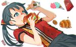  aqua_hair banned_artist blue_eyes breasts candy doughnut food food_on_face hamburger ice_cream ketchup long_hair mustard open_mouth original pocky ponytail simple_background small_breasts solo white_background yuzuha 