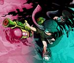  aqua_eyes baseball_cap black_footwear black_shirt dual_wielding foreshortening from_above hat holding houten_(dre_a_mer) ink_tank_(splatoon) inkling looking_at_viewer pink_hair red_footwear serious shirt shoes short_sleeves sneakers solo splatoon_(series) splatoon_1 splattershot_(splatoon) standing suction_bomb_(splatoon) 