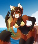  2015 anthro beach bikini breasts clothed clothing ear_piercing female hand_on_hip inner_tube mammal outside piercing red_panda seaside solo standing swimsuit veroro 