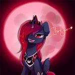  2016 crown english_text equine fangs feathered_wings feathers female feral friendship_is_magic fur grey_feathers grey_fur hair horn jewelry lyra-senpai magnaluna mammal moon my_little_pony necklace night princess_luna_(mlp) red_eyes red_hair solo text winged_unicorn wings 