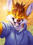  2016 anthro brown_hair bust_portrait canine clothed clothing eyes_closed fox hair hoodie lens_flare male mammal portrait selfie silvixen smile 