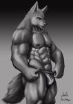  abs anthro biceps big_muscles bulge canine clothed clothing gradient_background greyscale hanukami male mammal monochrome muscular panties pecs pinup pose simple_background standing topless underwear wolf 