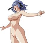  1girl aqua_centolm armpits banpresto blue_hair blush breasts green_eyes hairband large_breasts navel no_nipples no_pussy nude open_mouth photoshop solo super_robot_wars super_robot_wars_mx super_robot_wars_original_generation thighhighs thighs 