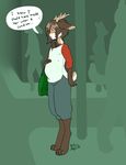  anthro antlers belly bullydog clothing horn hybrid jackalope lagomorph male male_pregnancy mammal messenger_bag mythical pants pregnant rabbit shirt solo speech_bubble text 