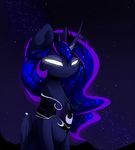  2016 blue_feathers blue_fur blue_hair crown equine feathered_wings feathers female feral friendship_is_magic fur glowing glowing_eyes hair horn jewelry lyra-senpai magnaluna mammal my_little_pony necklace night outside princess_luna_(mlp) solo star winged_unicorn wings 