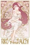  art_nouveau bare_shoulders barefoot birthday character_name cherry_blossoms dress flower full_body hair_flower hair_ornament halterneck hand_on_lap hand_on_own_cheek happy_birthday head_rest head_tilt highres index_finger_raised invisible_chair long_hair looking_at_viewer love_live! love_live!_sunshine!! no_bra off-shoulder_dress off_shoulder pink_eyes red_hair sakurauchi_riko sitting smile solo tomiwo twitter_username very_long_hair white_dress 