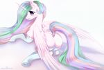  butt clothing feathers friendship_is_magic fur hair horn legwear multicolored_hair my_little_pony open_mouth pastelmistress princess_celestia_(mlp) purple_eyes stockings white_feathers white_fur wings 