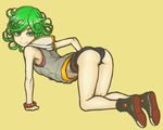  all_fours arched_back ass bracelet curly_hair green_eyes green_hair high_tops hood hoodie jewelry looking_at_viewer looking_back one-punch_man petite short_shorts shorts simple_background sleeveless sleeveless_hoodie smile solo tatsumaki wabaki 