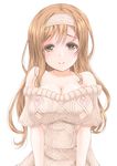  bangs bare_shoulders blush breasts brown_eyes brown_hair cleavage frapowa half-closed_eyes headband kunikida_hanamaru large_breasts long_hair looking_at_viewer love_live! love_live!_sunshine!! nippleless_clothes nipples off-shoulder_sweater short_sleeve_sweater short_sleeves simple_background smile solo sweater tears upper_body white_background yellow_eyes 