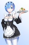  apron black_neckwear black_ribbon blue_background blue_eyes blue_hair blush bow breasts cleavage cowboy_shot detached_sleeves food frilled_sleeves frills gradient gradient_background hair_ornament hair_over_one_eye hair_ribbon hand_on_hip highres hrk1025 looking_at_viewer maid maid_headdress medium_breasts neck_ribbon open_mouth purple_ribbon re:zero_kara_hajimeru_isekai_seikatsu rem_(re:zero) ribbon ribbon-trimmed_sleeves ribbon_trim short_hair solo tray waist_apron white_legwear x_hair_ornament 