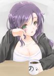 blush braid breasts cleavage crown_braid cup frapowa green_eyes heart heart_necklace large_breasts long_hair looking_at_viewer love_live! love_live!_school_idol_project mug purple_hair solo toujou_nozomi 