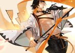  black_hair cowboy_shot facial_hair flag haori highres holding holding_weapon igote japanese_clothes joseph_lee male_focus multicolored_hair nagasone_kotetsu navel shirtless smile solo sword touken_ranbu two-tone_hair weapon yellow_eyes 