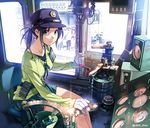  armband backlighting belt black_hair bloom blue_eyes breasts commentary_request gloves hat lever long_hair looking_at_viewer medium_breasts nose_shade original pouch revision sitting skirt smile solo speaker sweatdrop train_conductor train_interior vania600 