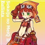  ballista_(sekaiju) blush commentary_request flat_chest gloves goggles goggles_on_head green_eyes headwear kinifuness lowres midriff navel pouch red_hair sekaiju_no_meikyuu sekaiju_no_meikyuu_3 sleeveless solo suspenders 