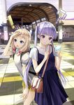 2girls ? backpack bag bangs blonde_hair blue_eyes blunt_bangs blush breasts building casual cellphone chef_no_kimagure_salad chestnut_mouth day dress finger_to_chin frown hair_bobbles hair_ornament hair_over_shoulder handbag highres holding holding_phone long_hair looking_at_phone looking_away mall multiple_girls new_game! open_mouth phone purple_dress purple_eyes purple_hair sakura_nene shading_eyes shirt short_sleeves short_twintails shorts shoulder_bag small_breasts smartphone suzukaze_aoba tile_floor tiles twintails very_long_hair wavy_mouth white_shirt 