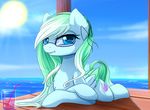  blue_eyes cutie_mark day detailed_background equine eyelashes eyewear fan_character feathered_wings feathers female feral fur glasses green_feathers green_fur green_hair hair hooves long_hair looking_at_viewer lying magnaluna mammal my_little_pony nude outside piercing sky smile solo sun water wings 