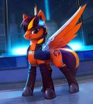  animated blonde_hair clothed clothing cutie_mark detailed_background equine eyewear fan_character feathers feral fur goggles hair hooves inside jewelry male mammal mechanical_wings my_little_pony necklace night no_sound orange_eyes orange_feathers orange_fur pegasus purple_hair rodrigues404 smile solo standing wings 