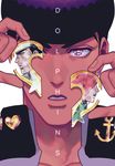  black_hair collarbone cover cover_page doujin_cover earrings face hat heart higashikata_jousuke jewelry jojo_no_kimyou_na_bouken kakyouin_noriaki kuujou_joutarou male_focus multiple_boys nashi_y peace_symbol pink_eyes pompadour purple_hair red_hair stud_earrings 