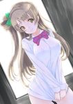  blush breasts brown_eyes brown_hair covered_nipples frapowa large_breasts long_hair looking_at_viewer love_live! love_live!_school_idol_project minami_kotori naked_shirt nipples one_side_up see-through shirt smile solo 