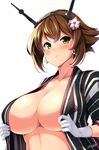  alternate_costume anchor anchor_earrings areola_slip areolae artist_name blush breasts brown_hair chrysanthemum cleavage collarbone commentary_request earrings flower gloves green_eyes hair_flower hair_ornament headgear highres huge_breasts japanese_clothes jewelry kantai_collection kimono looking_at_viewer mutsu_(kantai_collection) open_clothes open_kimono open_mouth shiny shiny_skin short_hair simple_background solo striped striped_kimono white_background white_gloves wide_sleeves yukata yuuki_hb 