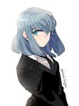  bad_id bad_twitter_id black_neckwear bloom blue_eyes blue_hair danganronpa danganronpa_3 formal gekkougahara_miaya himduldago looking_afar necktie short_hair simple_background smile solo suit twitter_username upper_body white_background 