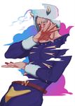  aqua_eyes cloud covering_mouth hand_over_own_mouth highres horns jojo_no_kimyou_na_bouken male_focus nashi_y pose solo weather_report white_hair 