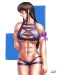  abs arm_ribbon black_hair breasts brown_eyes commentary_request cross-laced_clothes large_breasts long_hair m.u.g.e.n muscle muscular_female original ribbon scar sendai_hakurei_no_miko solo swimsuit taikyokuturugi touhou 