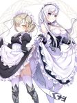  2girls apron arm_guards azur_lane bangs belfast_(azur_lane) black_dress blonde_hair blue_eyes blush boots braid breasts chains cleavage closed_mouth collar collarbone corset dress dress_lift eyebrows_visible_through_hair floating_hair french_braid frills garter_straps gloves grey_footwear hair_over_one_eye highres ikomochi juliet_sleeves knee_boots knee_guards large_breasts lifted_by_self long_hair long_sleeves looking_at_viewer maid maid_headdress medium_breasts multiple_girls puffy_sleeves sheffield_(azur_lane) short_hair silver_hair smile thighhighs white_apron white_gloves white_legwear yellow_eyes 