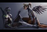 1girl armor bangs black_gloves blonde_hair blue_eyes bodysuit breasts commentary cyborg damaged faulds feathers from_side genji_(overwatch) gloves hair_ornament hair_tie headband helmet high_ponytail katana knee_up letterboxed light_rays loincloth long_hair looking_at_another mask mechanical_halo mechanical_wings medium_breasts mercy_(overwatch) on_floor one_knee overwatch pelvic_curtain power_armor sae_(revirth) scabbard sheath sheathed sitting skin_tight sword veil weapon weapon_on_back wind wings 