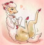  &lt;3 bedroom_eyes blush butt caprine cowbell female feral fur half-closed_eyes hooves horn make-up mammal melonleaf open_mouth seductive sheared sheep simple_background sitting smile solo spread_legs spreading suggestive tongue tongue_out wool 