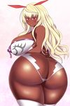  1girl ass bare_shoulders blonde_hair blush breasts butt_crack curvy dark_skin highres huge_ass huge_breasts itou_ittousai_(sengoku_bushouki_muramasa) light_smile long_hair looking_at_viewer looking_back parted_lips pink_background pink_eyes sengoku_bushouki_muramasa shiny shiny_skin sideboob simple_background smile solo thick_thighs thighhighs thighs very_long_hair white_legwear wide_hips 