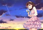  blue_eyes brown_hair cloud cloudy_sky condensation_trail dress flower hairband highres horizon idolmaster idolmaster_cinderella_girls looking_at_viewer nishinomiya_suzu open_mouth petals sakuma_mayu short_hair sky smile solo twilight 