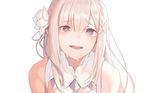  :d bangs bare_shoulders blunt_bangs blush braid crown_braid crying crying_with_eyes_open detached_collar elf emilia_(re:zero) eyes_visible_through_hair flower hair_flower hair_ornament hair_over_one_eye hair_ribbon happy_tears highres jewelry long_hair looking_at_viewer open_mouth pendant pointy_ears purple_eyes purple_ribbon re:zero_kara_hajimeru_isekai_seikatsu ribbon silver_hair simple_background smile solo streaming_tears tears teeth torano upper_body white_background 