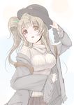  blush bow breasts brown_eyes clenched_hand frapowa green_bow grey_hair hair_bow hand_on_headwear hat hat_bow jacket long_hair love_live! love_live!_school_idol_project medium_breasts minami_kotori muted_color one_side_up open_mouth pink_bow sketch smile solo sweater wide_sleeves 