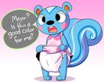  animal_crossing anthro black_eyes blue_fur blush clothed clothing crossdressing dialogue diaper dress filbert_(animal_crossing) fur kurikia looking_at_viewer male mammal nintendo open_mouth paws rodent simple_background solo squirrel standing teeth text tongue video_games 