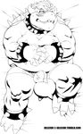 anklet armor barazoku belly black_and_white blush bowser bulge claws clothing collar embarrassed gauntlets gloves grin hair horn idlecum jewelry koopa mario_bros monochrome musclegut muscular nintendo overweight reptile scalie simple_background slightly_chubby spikes turtle turtle_shell underwear video_games 