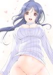  blue_hair blush bottomless breasts frapowa from_below groin heart large_breasts long_hair long_sleeves looking_at_viewer love_live! love_live!_sunshine!! matsuura_kanan meme_attire naked_sweater no_panties open-chest_sweater open_mouth out-of-frame_censoring purple_eyes smile solo sweater teeth 