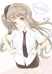  blush breasts brown_eyes brown_hair frapowa hands_on_hips long_hair looking_at_viewer love_live! love_live!_school_idol_project medium_breasts minami_kotori necktie one_side_up skirt smile solo 