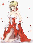  absurdres ahoge ass bangs bare_shoulders blonde_hair braid breasts cleavage closed_mouth collarbone dress eyebrows_visible_through_hair fate/extra fate_(series) gloves green_eyes grey_background hair_between_eyes hair_bun hair_ribbon highres large_breasts looking_at_viewer nero_claudius_(fate) nero_claudius_(fate)_(all) one_knee panties pantyshot pantyshot_(standing) petals red_ribbon ribbon see-through simple_background sleeveless sleeveless_dress smile solo standing tetsu_(excalibur920) underwear white_gloves white_panties 