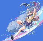  abstract_background absurdres arms_behind_head bag blue_background blue_hair blue_skirt bookbag bracelet breasts falling highres jewelry knee_up kneehighs loafers manatee medium_breasts midriff navel notebook open_mouth original pencil_case pleated_skirt purple_eyes ribbon school_uniform shimo_(s_kaminaka) shirt shirt_lift shoes short_sleeves skirt surprised thigh_strap water water_drop white_legwear white_shirt 