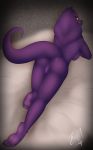  5_toes anthro anus arbok barefoot bed big_breasts big_butt blush breasts butt digital_media_(artwork) e-01 feet female full_body nintendo non-mammal_breasts nude on_bed pok&eacute;mon pok&eacute;mon_(species) pok&eacute;morph purple_body purple_scales purple_skin pussy reptile sally_(e-01) scales scalie simple_background snake_hood soles tina_(e-01) toes video_games yellow_eyes 